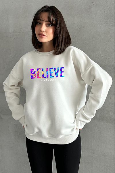 zunop Γυναικείο φούτερ με κουκούλα σε κρεμ χρώμα Believe με στάμπα