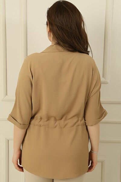 By Saygı Large Size Ayrobin Tunik Shirt with Belted Waist and Buttoned Front