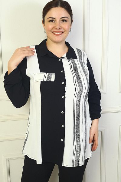 By Saygı Plus Size Striped Sleeve Folded Women's Shirt