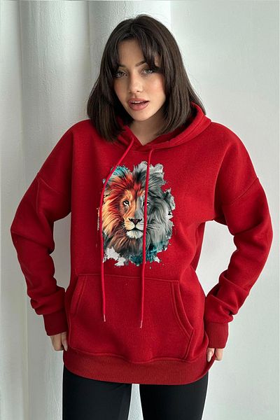 zunop Women's Red Lion Printed Oversize Hooded Sweatshirt