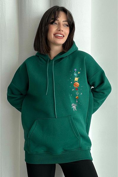 zunop Women's Green Little Planet Printed Oversize Hooded Sweatshirt