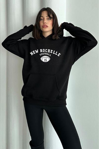 zunop Women's Black New Rochelle Printed Oversize Hooded Sweatshirt