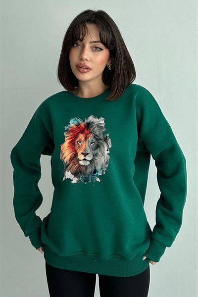 zunop Women's Green Lion Printed Oversize Sweatshirt
