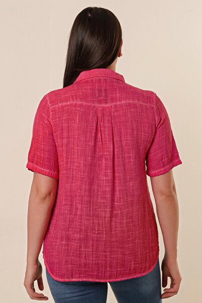 By Saygı Single Pocket Lettering Short Sleeve Plus Size Linen Shirt