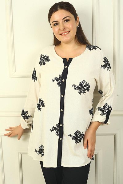 By Saygı Cămașă de in - damă, cu broderie și mâneci pliate B.B. Model