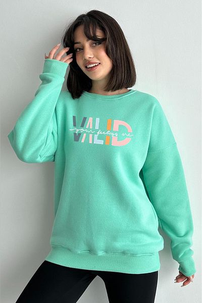zunop Women's Mint Green Valid Printed Oversize Sweatshirt
