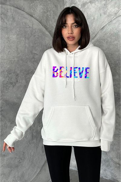 zunop Γυναικείο φούτερ με κουκούλα σε κρεμ χρώμα Believe με στάμπα