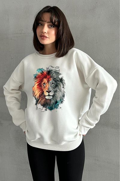 zunop Women's Cream Lion Printed Oversize Hooded Sweatshirt