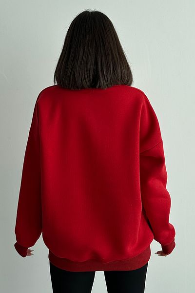 zunop Women's Red Color Believe Printed Oversize Hooded Sweatshirt