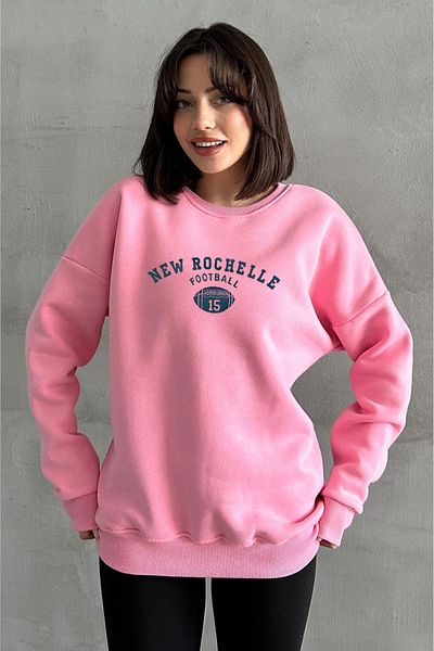 zunop Women's Pink New Rochelle Printed Oversize Crew Neck Sweatshirt