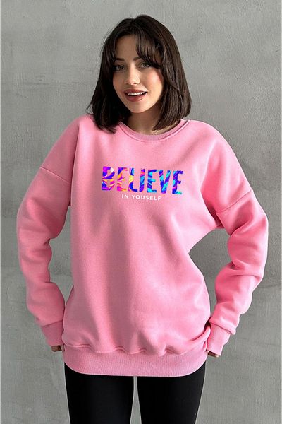 zunop Women's Pink Color Believe Printed Oversize Hooded Sweatshirt