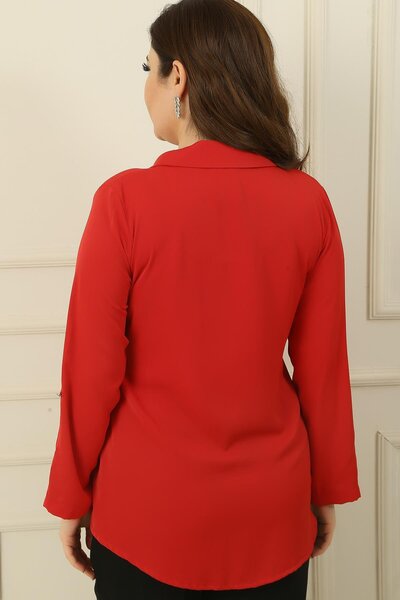 By Saygı Large Size Shirt with Metal Buttons on the Front, Single Pocket, Three Quarter Sleeves and Leather Detail