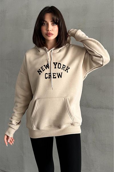 zunop Hanorac de damă cu glugă supradimensionat cu imprimeu New York Crew bej
