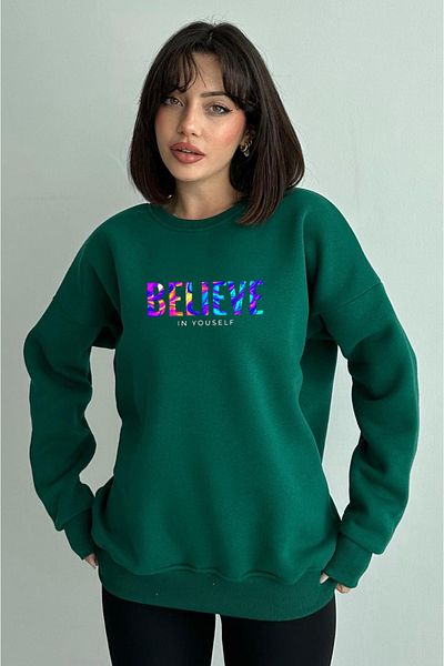 zunop Women's Green Color Believe Printed Oversize Hooded Sweatshirt