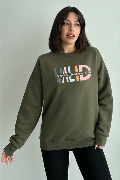 zunop Women's Khaki Valid Printed Oversize Sweatshirt
