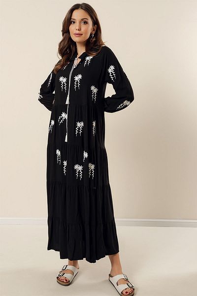 By Saygı Relaxed Fit Long Viscose Dress with Lace-Up Collar Floral Embroidery Sleeves Elastic