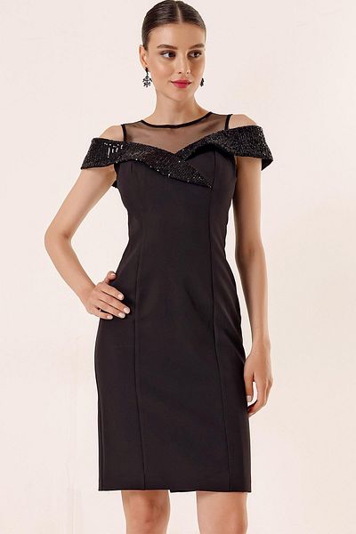 By Saygı Top Rochie cu paiete cu guler din tul transparent