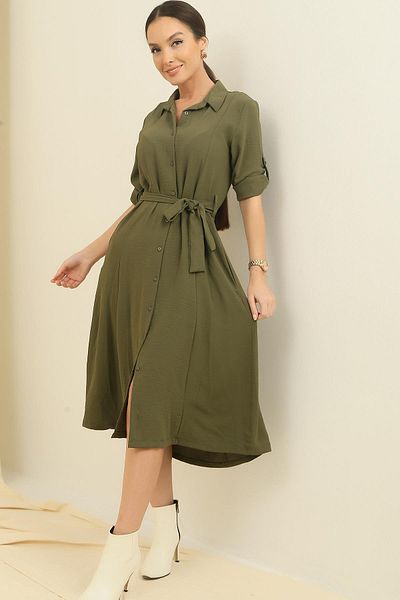 By Saygı Front Buttoned Sleeve Folded Waist Belted Pocket Dress