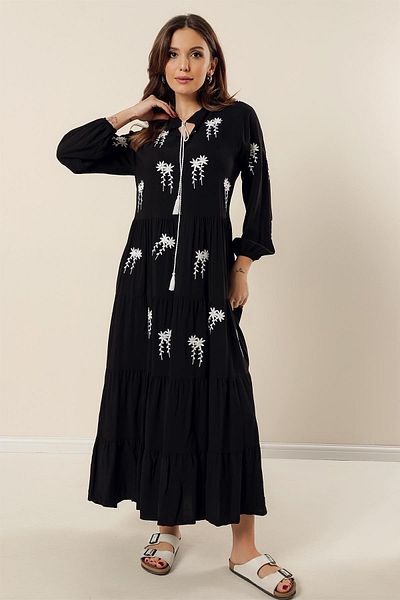 By Saygı Relaxed Fit Long Viscose Dress with Lace-Up Collar Floral Embroidery Sleeves Elastic