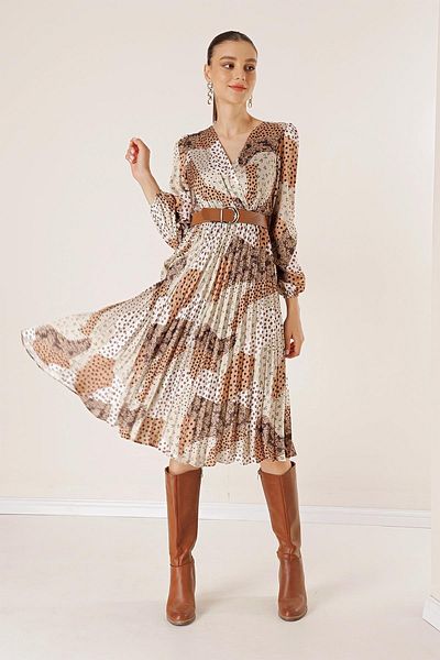 By Saygı Double Breasted Neck Waist Belted Mixed Patterned Lined Pleated Satin Dress