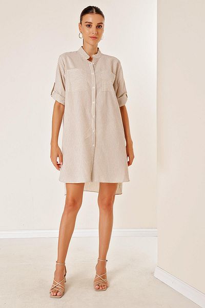 By Saygı Double Pocket Front Short Back Long Neck Striped Short Sleeve Seersucker Dress