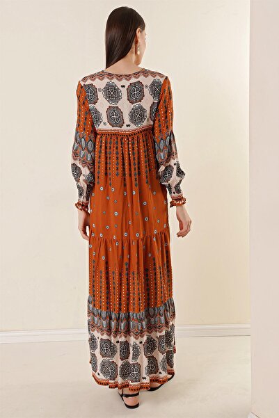 By Saygı Patterned Long Dress with Lace-Up Collar