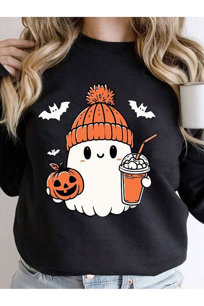 Pink Sky Halloween Ghost Front Printed Black Oversize Hoodie Sweatshirt6