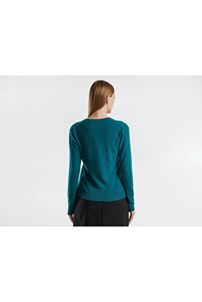 United Colors of Benetton Pulover de damă verde închis cu decolteu în V 100% merinos