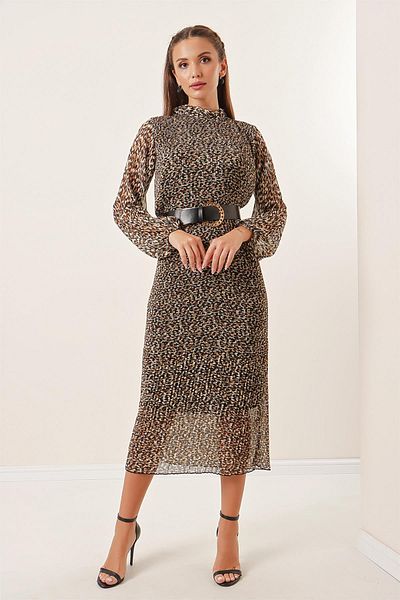 By Saygı Long Full Pleated Lined Leopard Print Chiffon Dress
