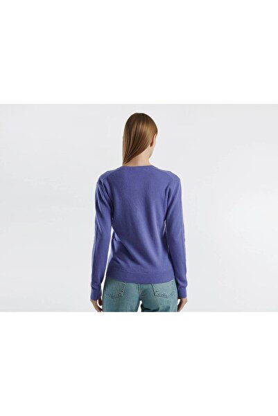 United Colors of Benetton Pulover de damă violet cu decolteu în V 100% merinos