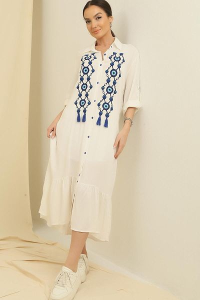 By Saygı Oversize Viscose Long Dress with Buttoned Front and Evil Eye Embroidery Sleeves and Folds