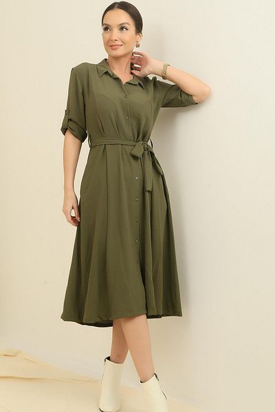 By Saygı Front Buttoned Sleeve Folded Waist Belted Pocket Dress