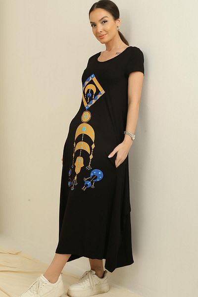 By Saygı Short Sleeve Oversize Turned Viscose Dress with Printed Front Pockets