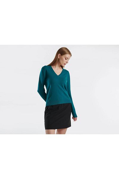 United Colors of Benetton Pulover de damă verde închis cu decolteu în V 100% merinos