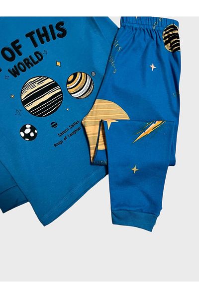elmas kids Set de pijamale de iarnă cu mâneci lungi pentru băiat, 100% bumbac, Blue Planet Space Star