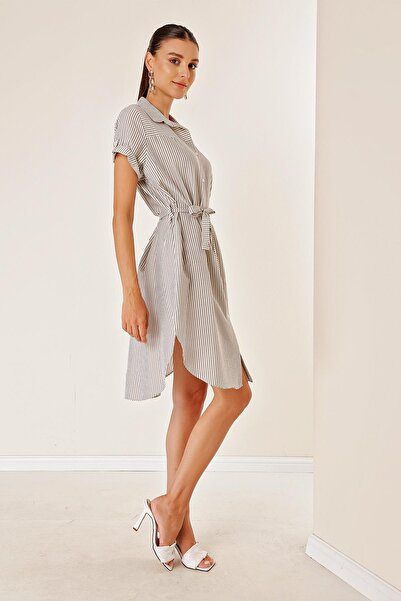 By Saygı Waist Belted Short Sleeve Button Front Striped Seersucker Dress