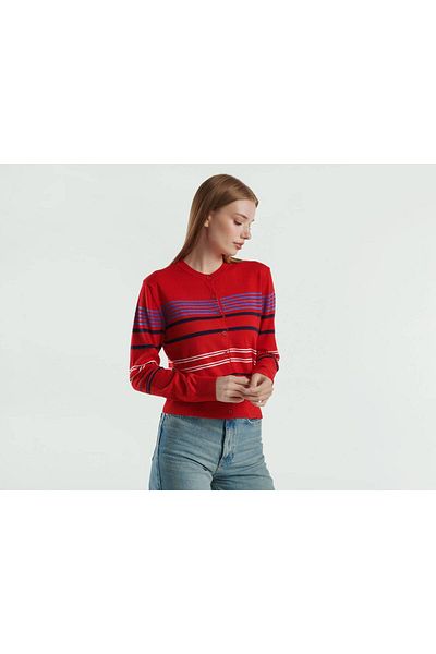 United Colors of Benetton Women's Red 100% Cotton Striped Cardigan with Logo Detail on the Back and Buttoned Front