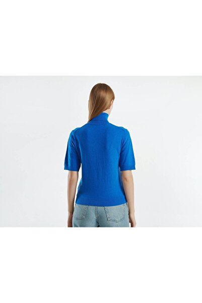 United Colors of Benetton Γυναικείο πουλόβερ με κοντό μανίκι από μπλε μαλλί και κασμίρ ψηλός λαιμός