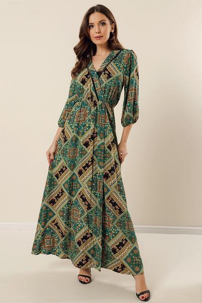 By Saygı Double Breasted Collar Hole Business Detail Kilim Patterned Bermando Viscose Long Dress