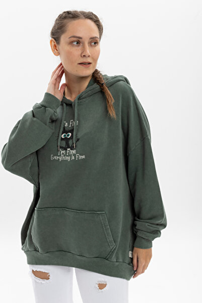 Kadın Her Şey Yolunda Baskılı Oversize Kapüşonlu %100 Pamuk Sweatshirt