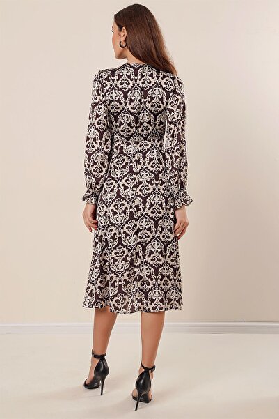 By Saygı Двуредно деколте Плисирана сатенена рокля с връзки и талия