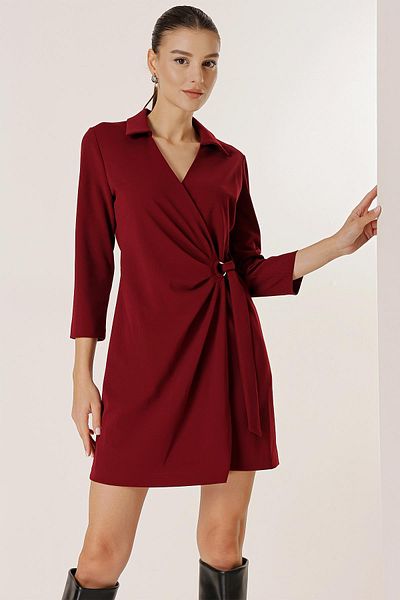 By Saygı Double Breasted Collar Waist Buckle Lycra Dress