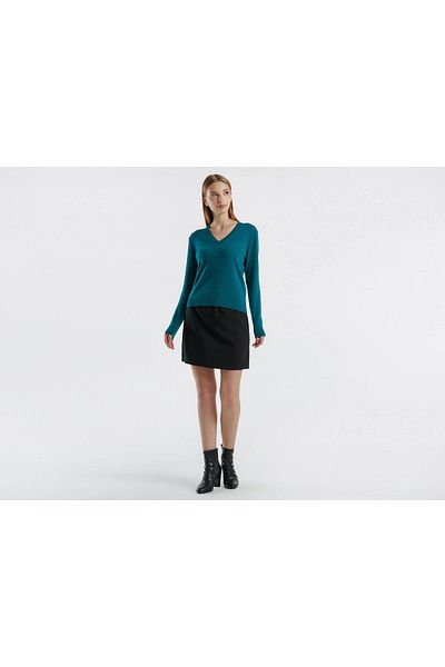 United Colors of Benetton Pulover de damă verde închis cu decolteu în V 100% merinos