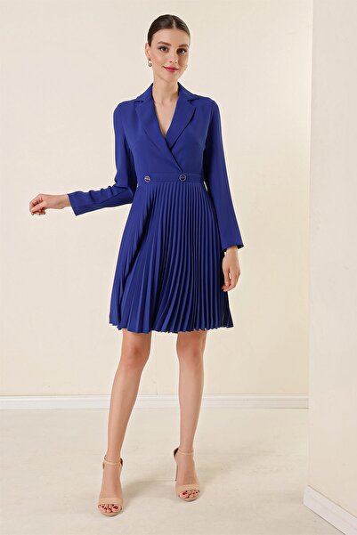 By Saygı Double Breasted Neckline Button Detail Pleated Long Sleeve Dress