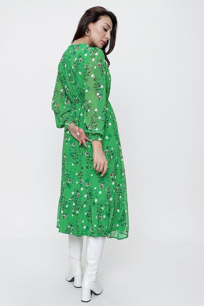 By Saygı Front Half Button Elastic Waist Lined Floral Chiffon Dress