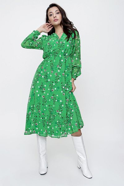 By Saygı Front Half Button Elastic Waist Lined Floral Chiffon Dress