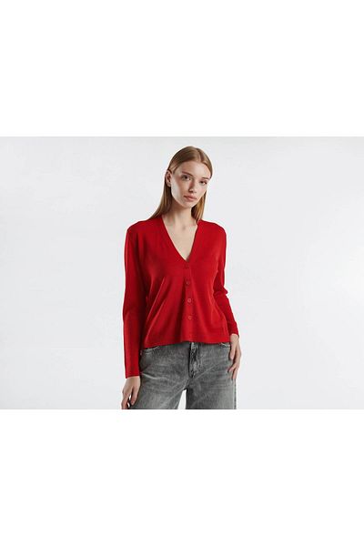 United Colors of Benetton Women's Red 100% Wool Front Buttoned V-Neck Cardigan with Back Slit Detail