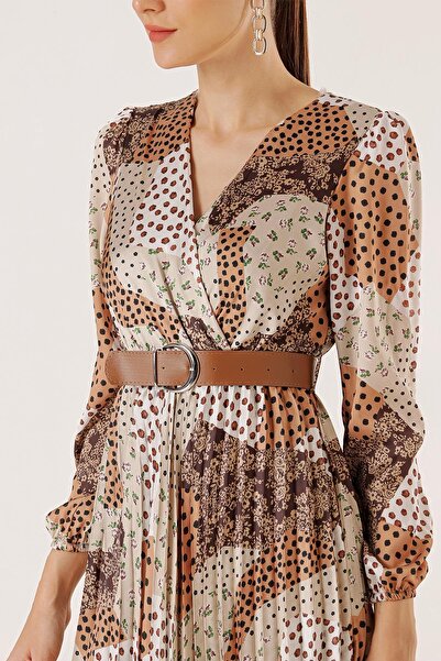 By Saygı Double Breasted Neck Waist Belted Mixed Patterned Lined Pleated Satin Dress