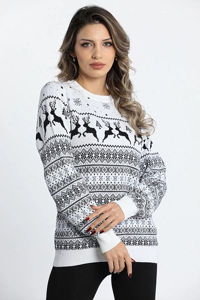GÜLSELİ Dear Deer, cu model, decolteu, alb, tricotaj pentru femei, pulover - combinație de cupluri produs unic