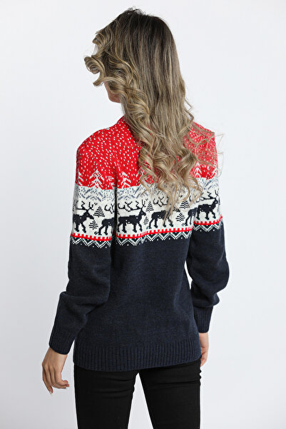 julude Red Navy Blue Women's Deer Patterned Lover Couple Combination Knitwear Sweater (Single Product)